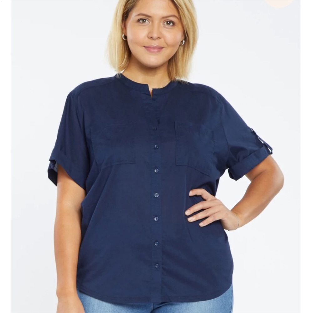 NYDJ Navy Short-Sleeve Button Front Blouse New with Tag